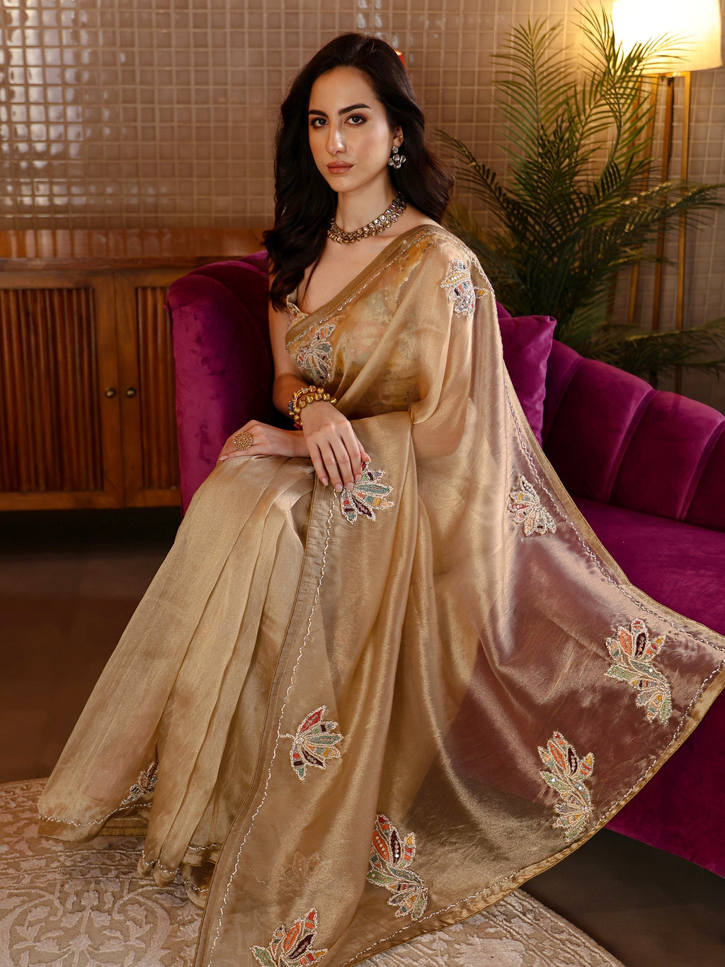 Libas Gold Floral Embroidered Tissue Saree