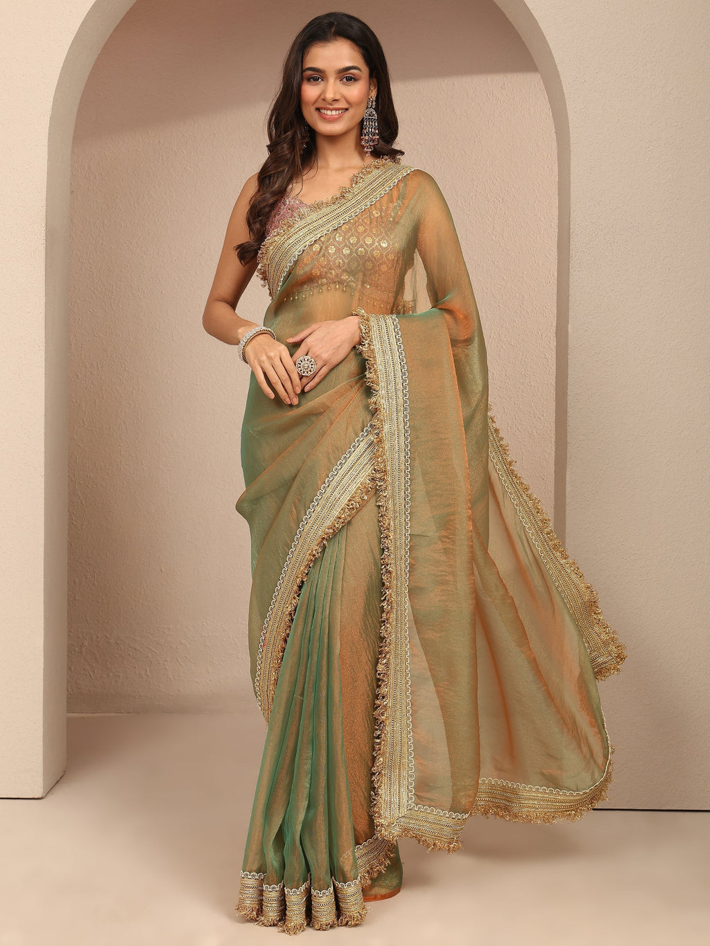 Libas Green Solid Silk Blend Saree With Unstitched Blouse Piece