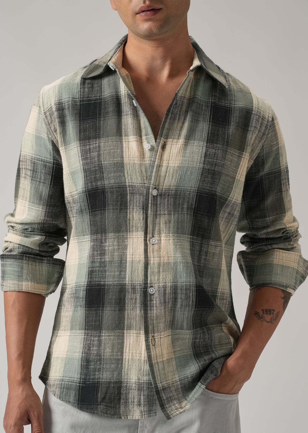 Green Cotton Linen Box Check shirt