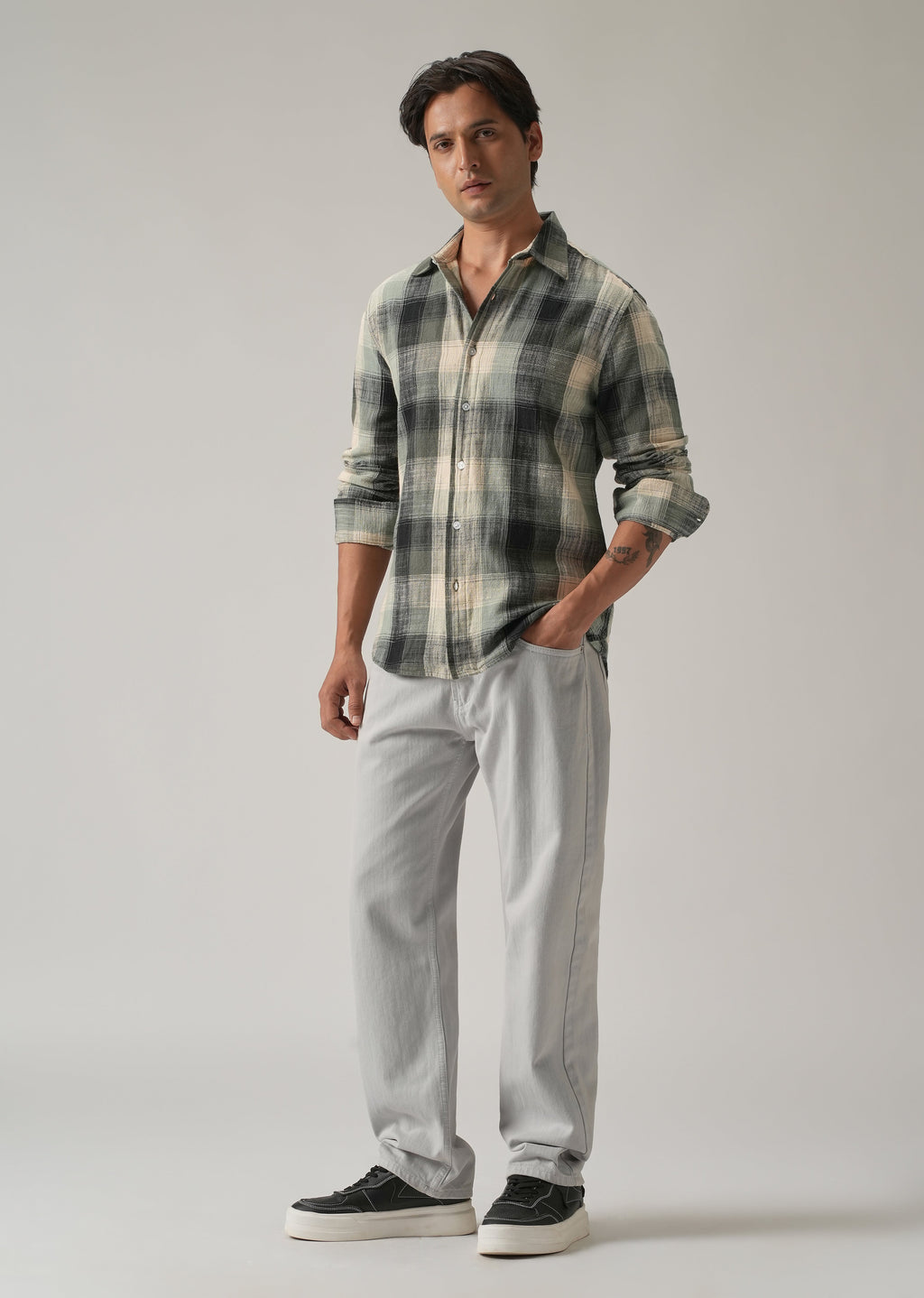 Green Cotton Linen Box Check shirt