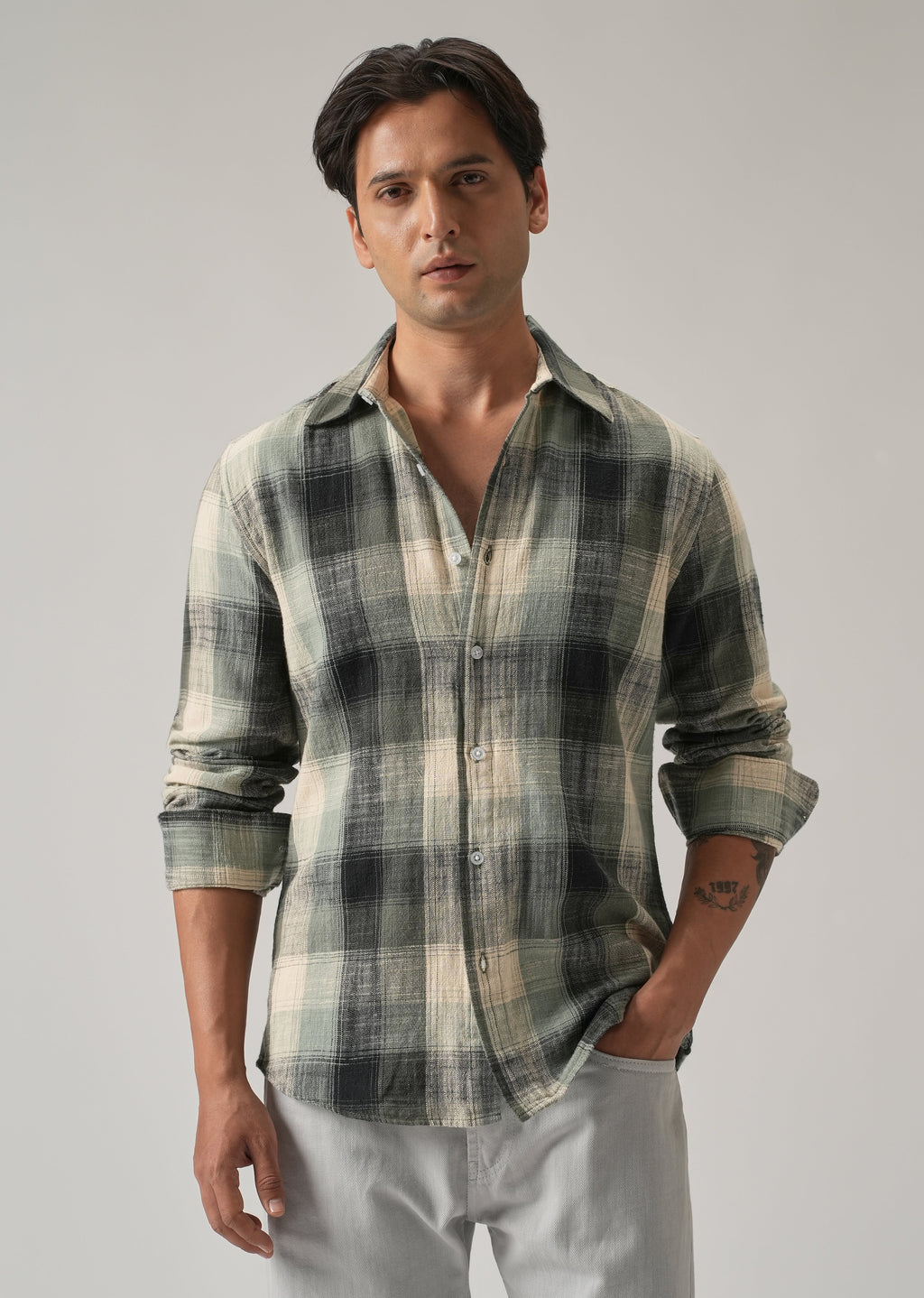 Green Cotton Linen Box Check shirt