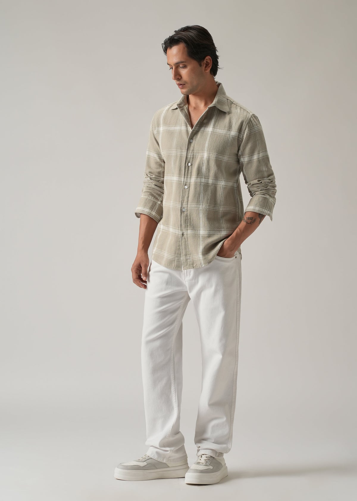 Green Cotton Linen Check shirt