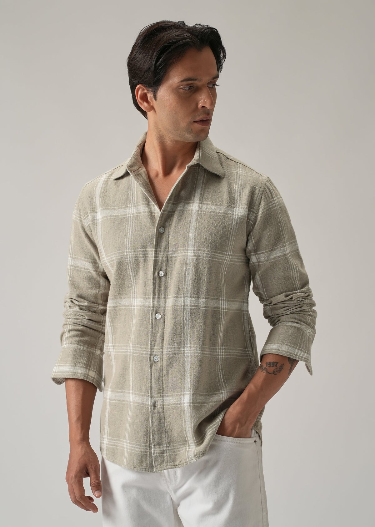 Green Cotton Linen Check shirt