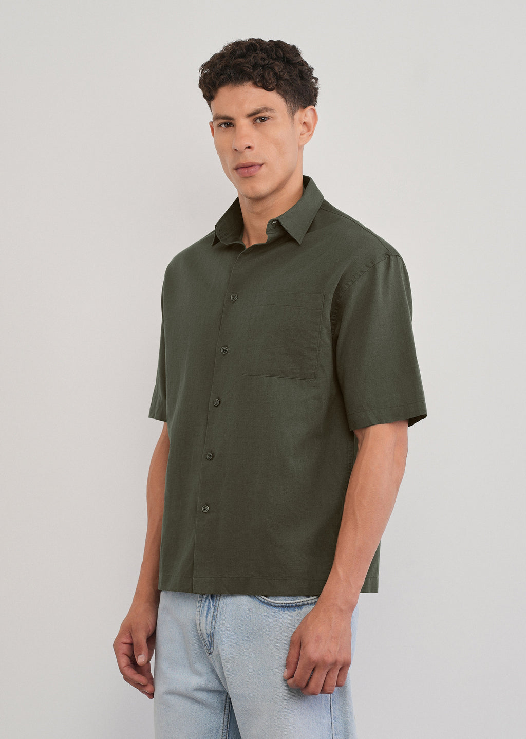 Green Cotton Linen Half Sleeve Shirt