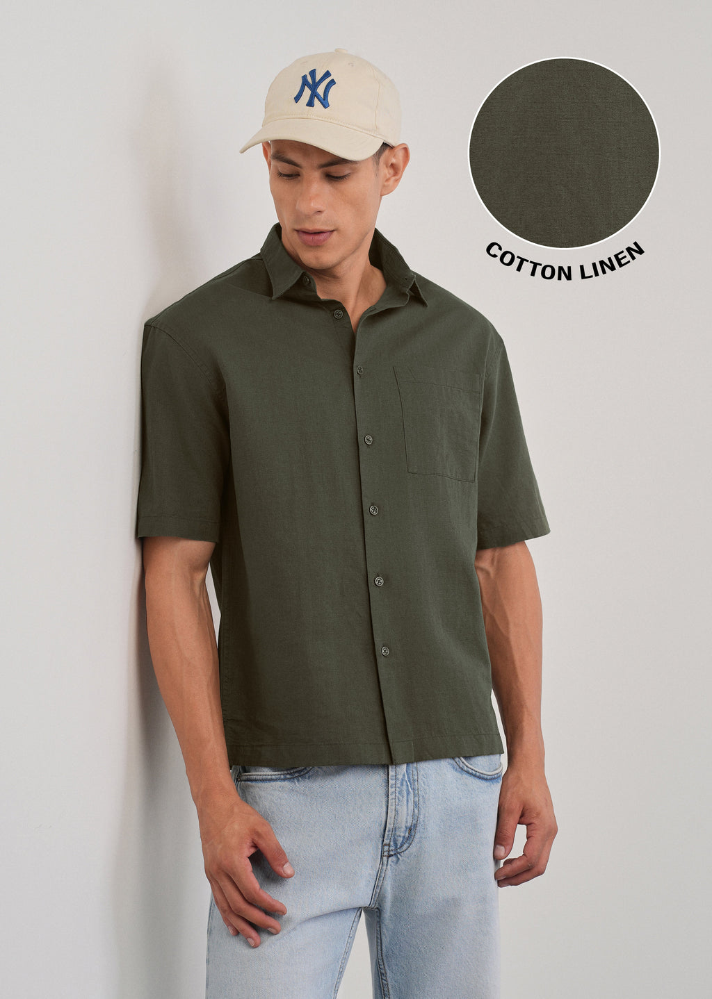 Green Cotton Linen Half Sleeve Shirt