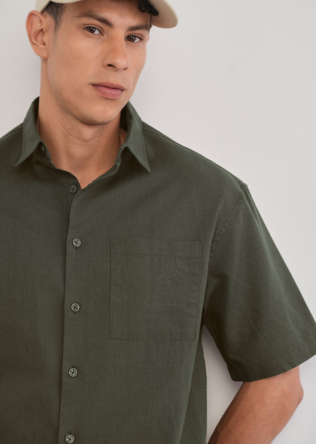 Green Cotton Linen Half Sleeve Shirt