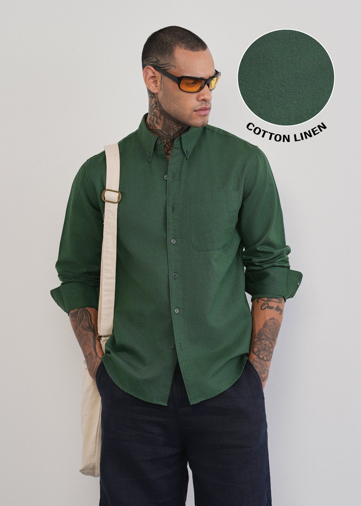 Green Cotton Linen Plain Shirt