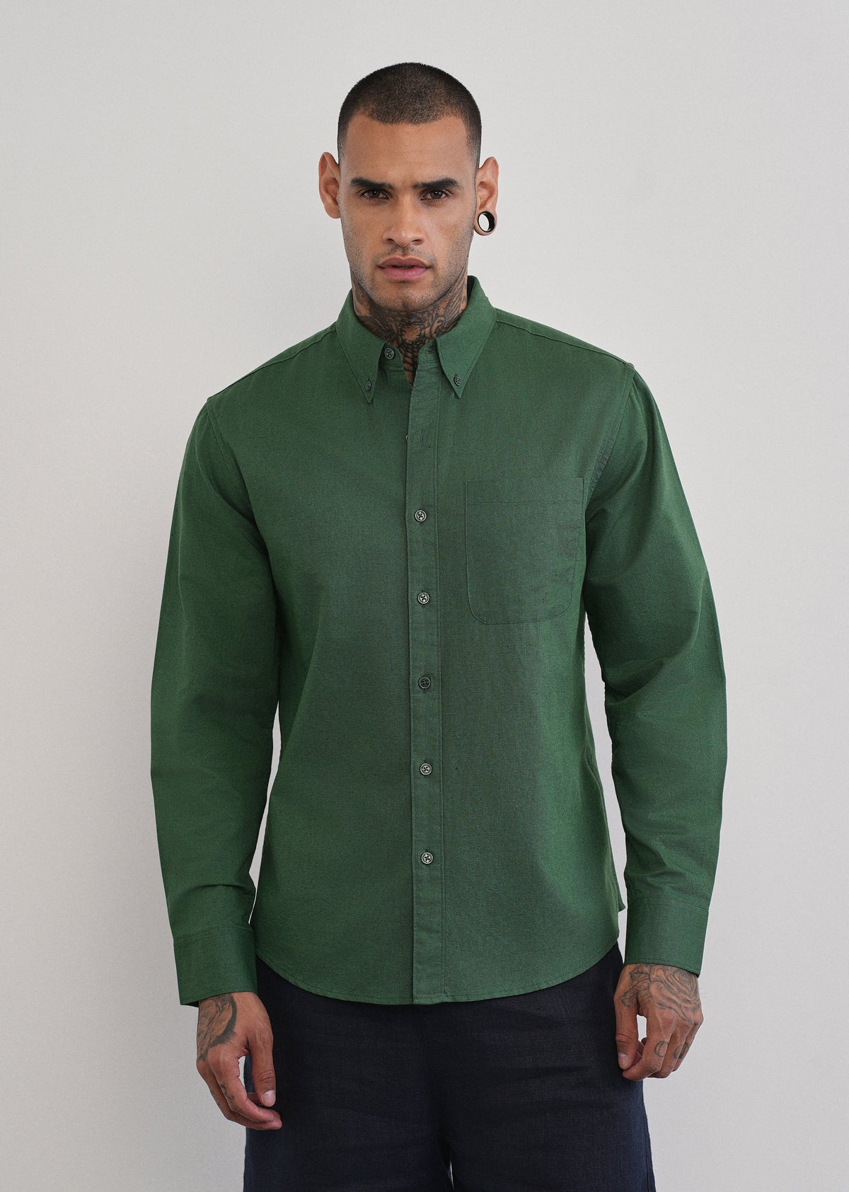 Green Cotton Linen Plain Shirt