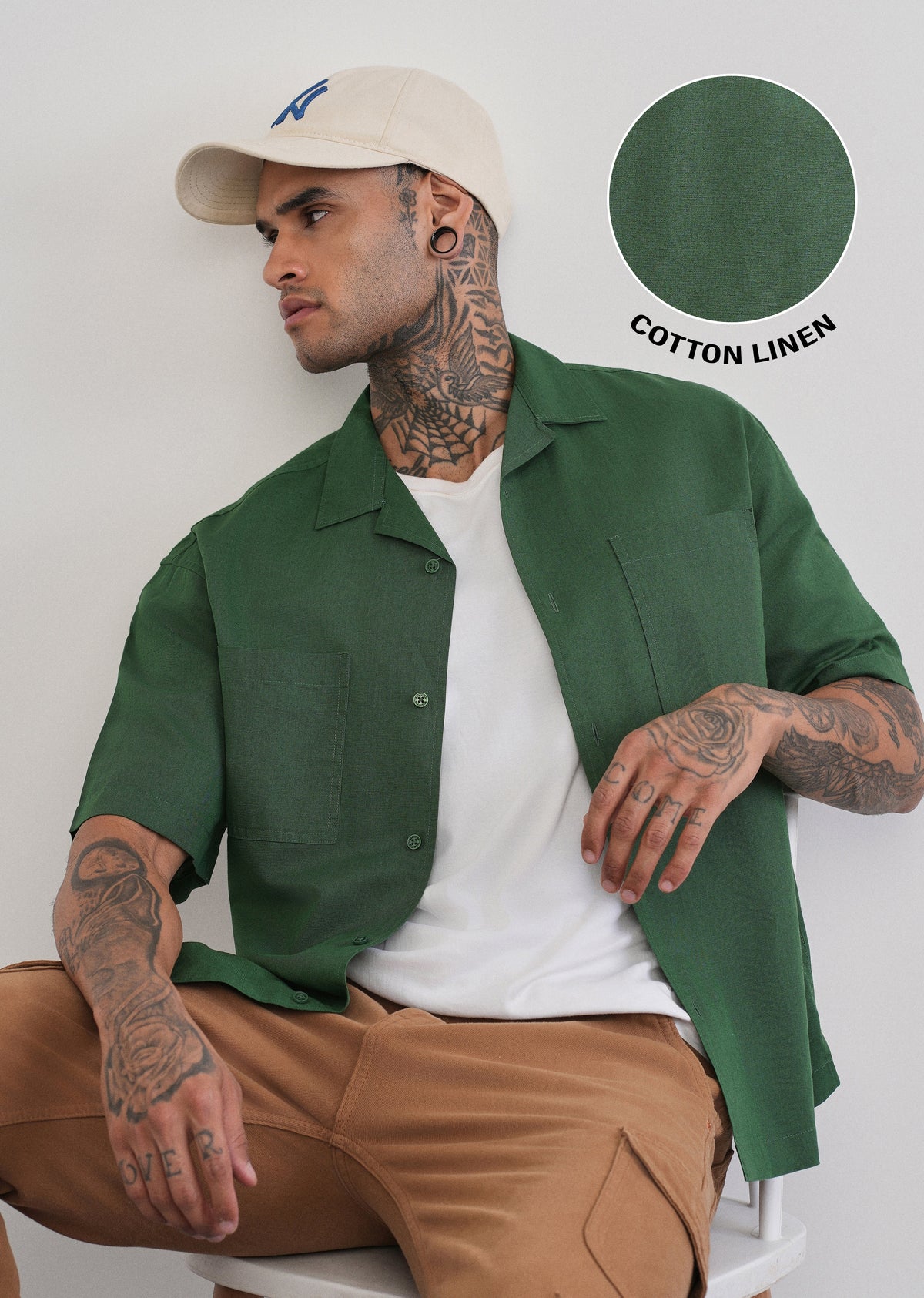 Green Double Pocket Cotton Linen Shirt