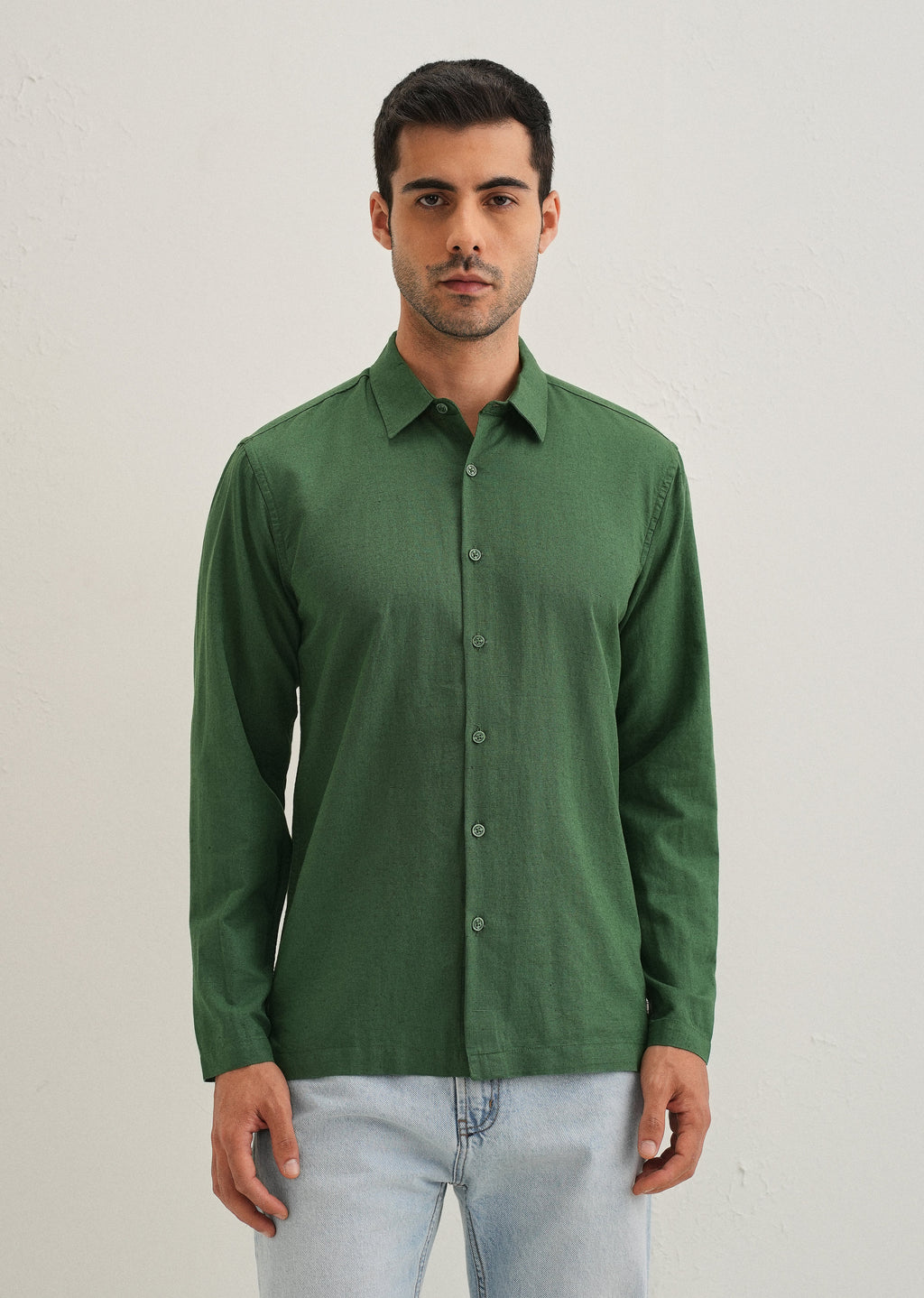 Green Hidden Sleeve Placket Cotton Linen Shirt