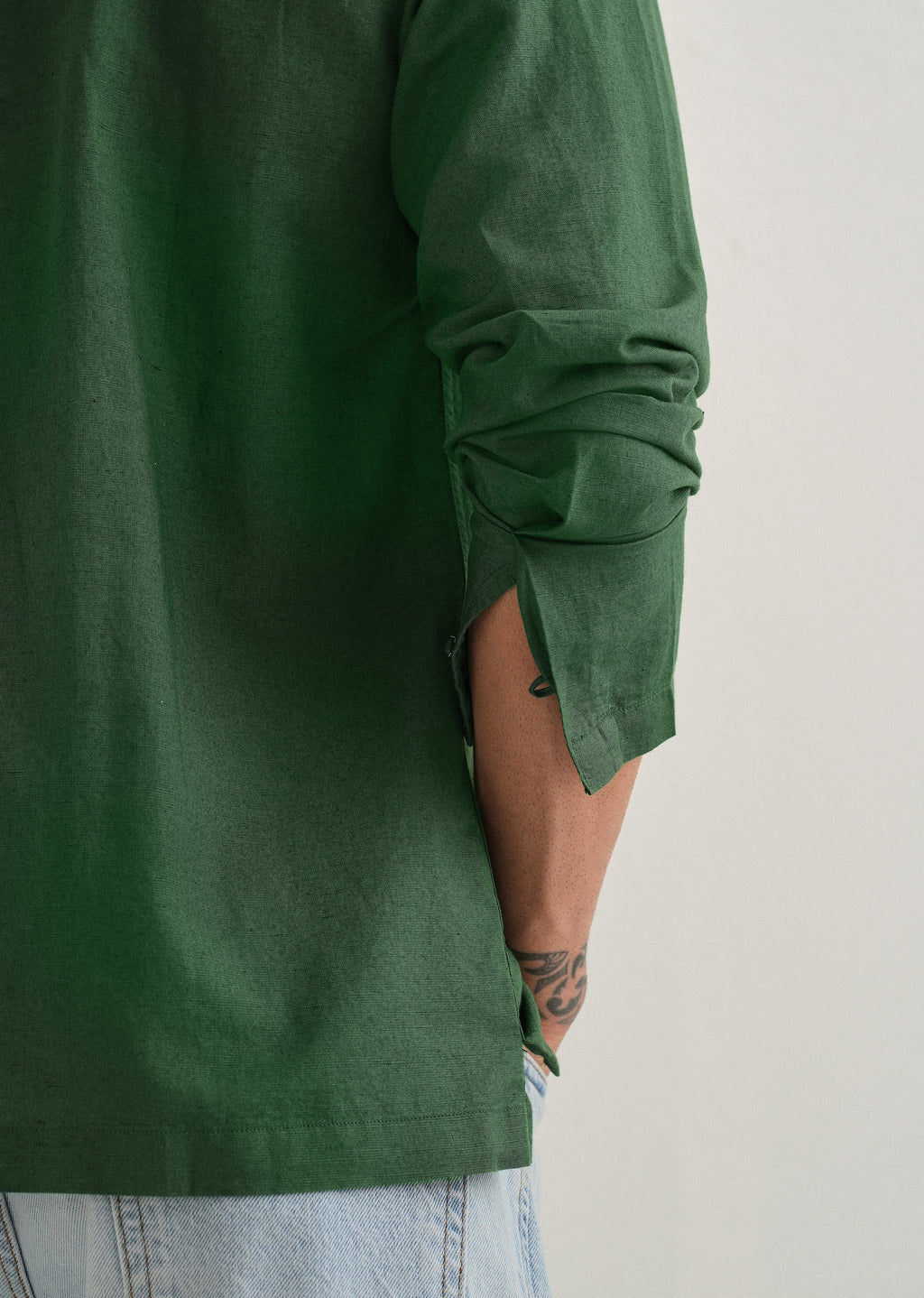 Green Hidden Sleeve Placket Cotton Linen Shirt