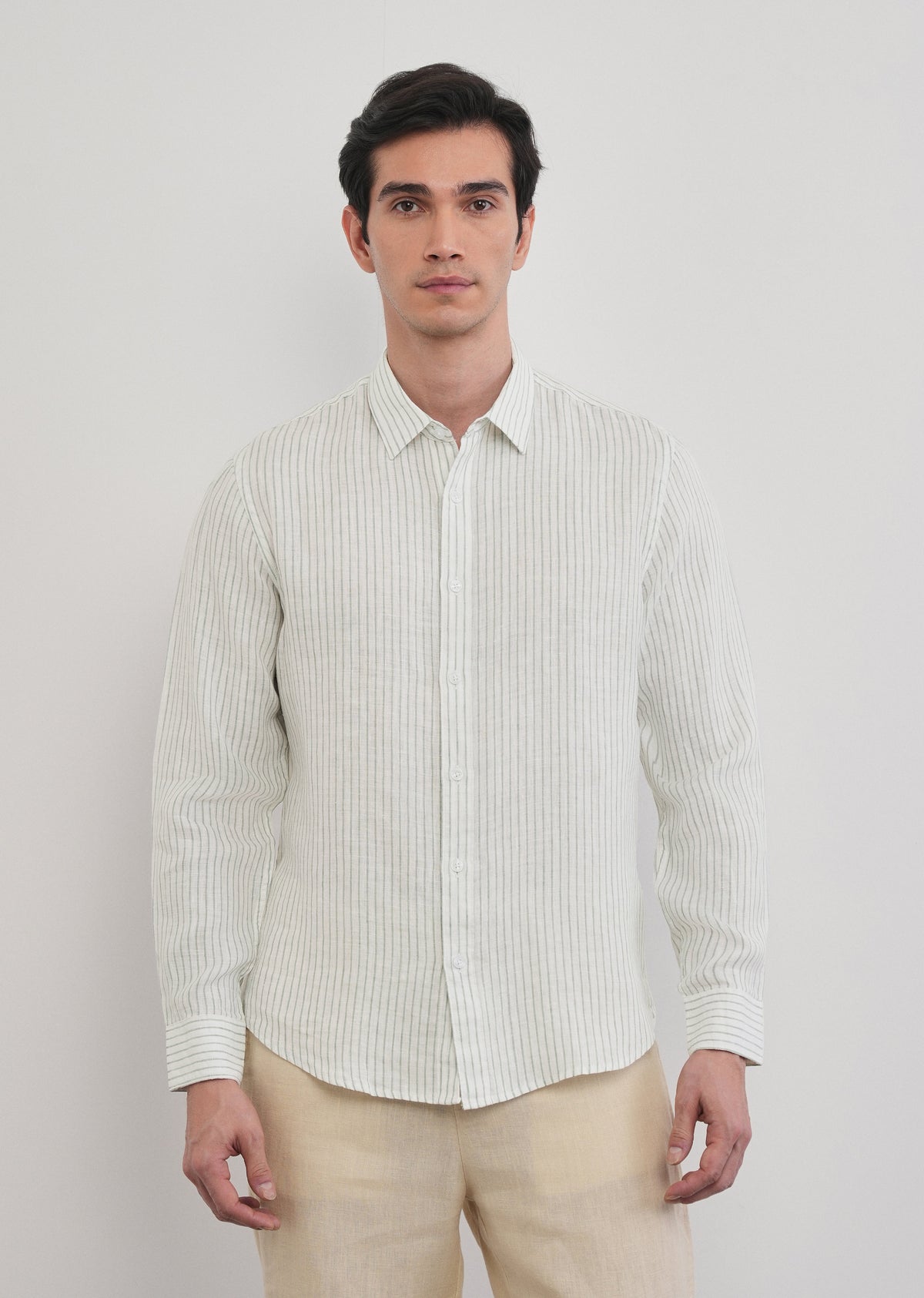 100% Linen Green Self-Stripe Shirt