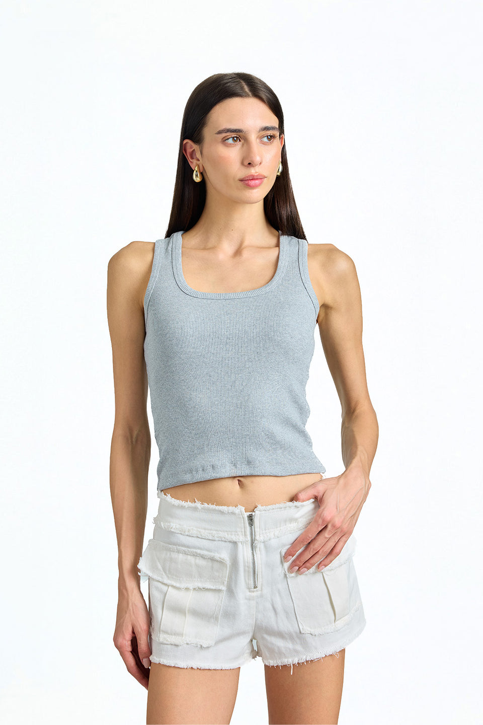 Grey Solid Ribbed Tank TT65