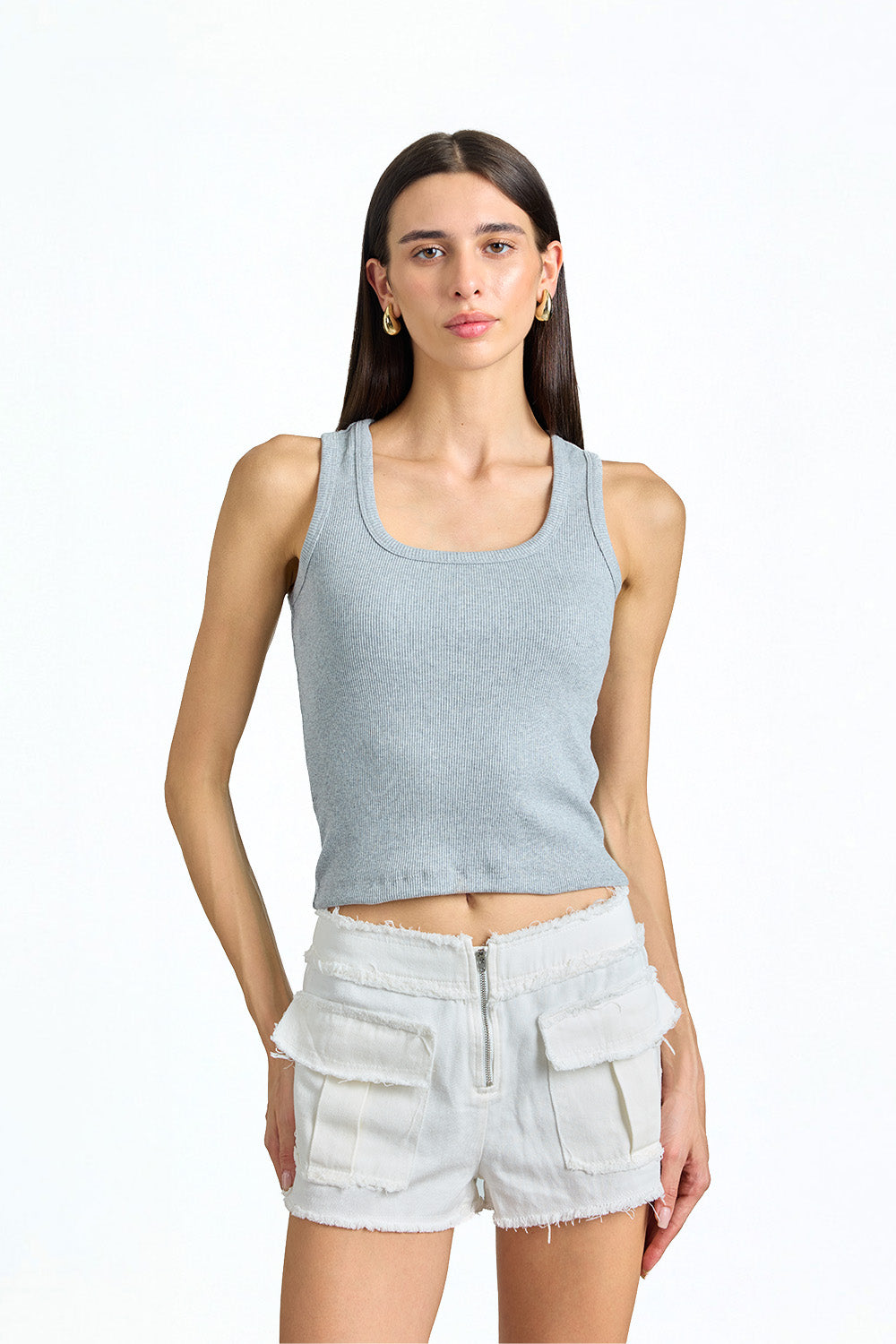 Grey Solid Ribbed Tank TT65