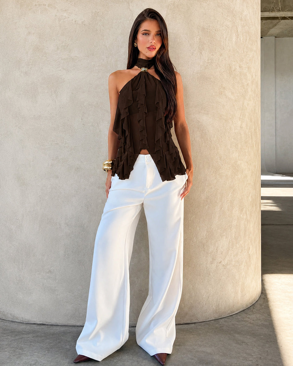 XS Halter Neck Asymmetric Ruffle Hem Solid Sleeveless Top in Cocoa Brown H54