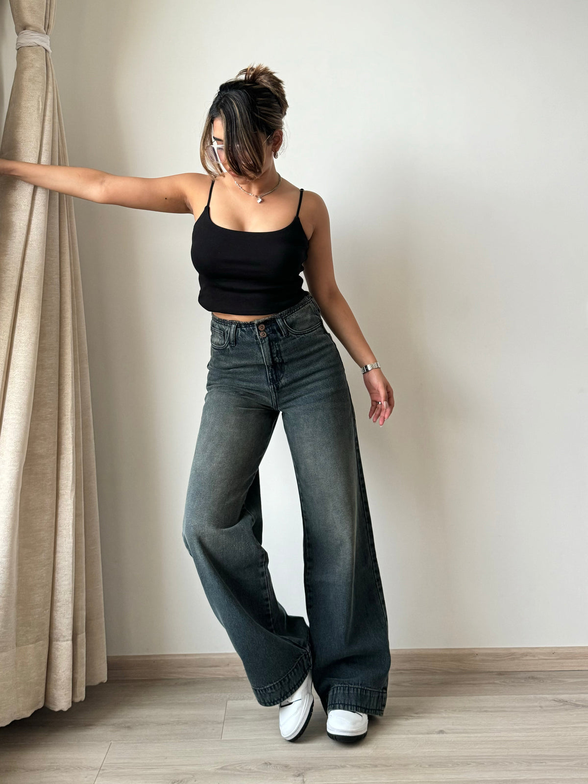 Grunge Edge Double Button High-Waisted Denim