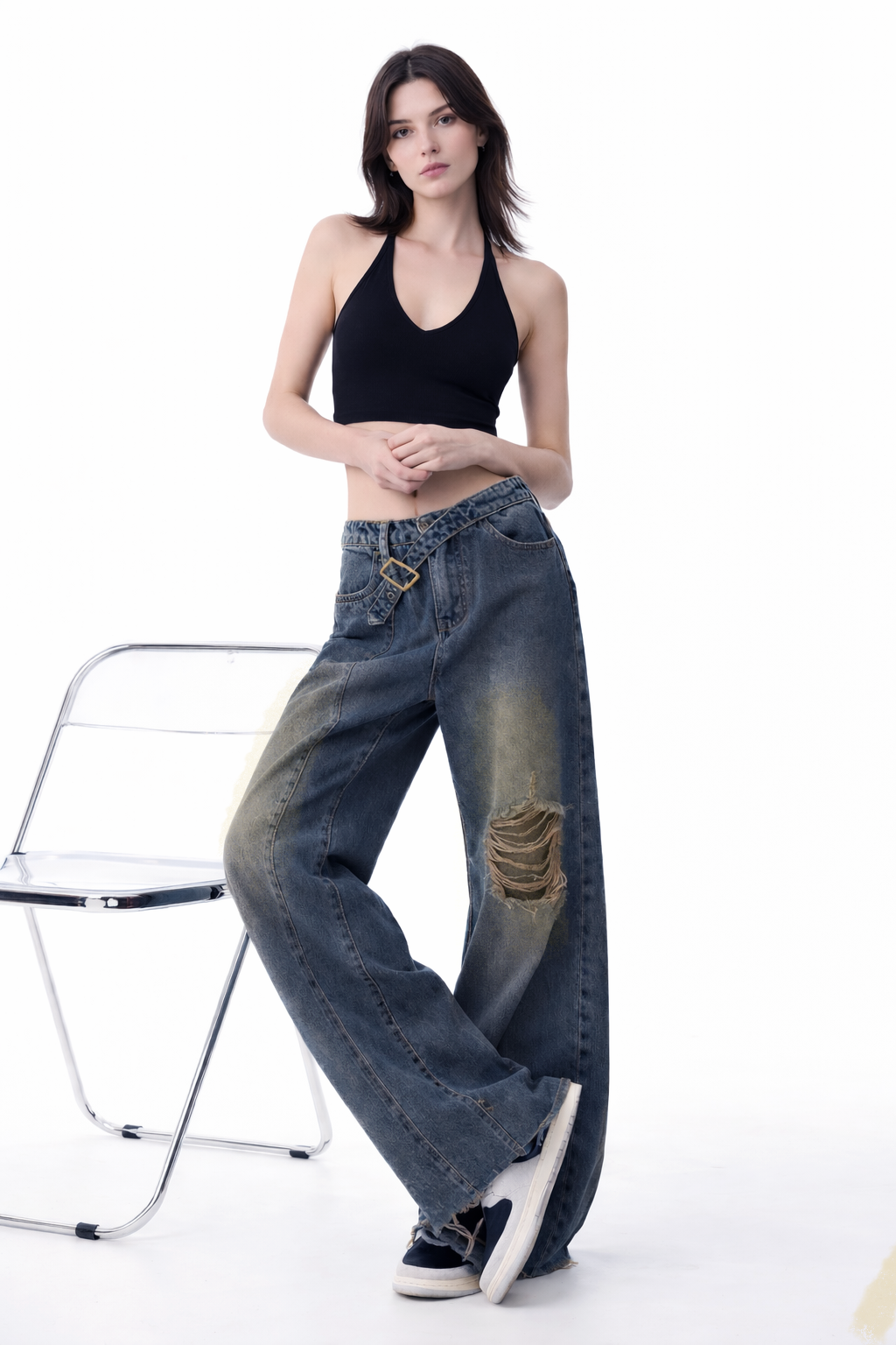 Off Beat Distressed Blue Baggy Jeans