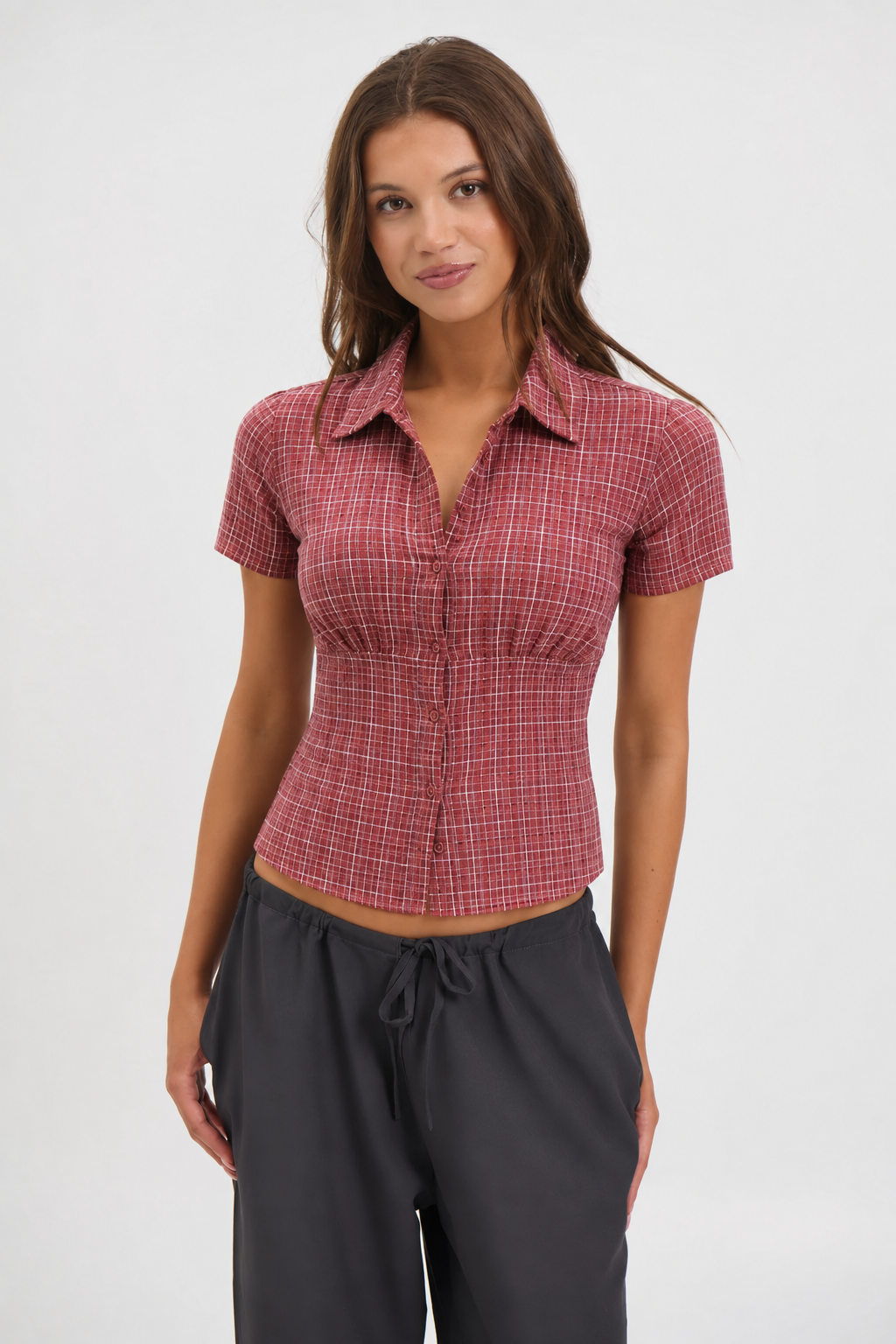 Cinched Checks Cap Sleeve Shirt