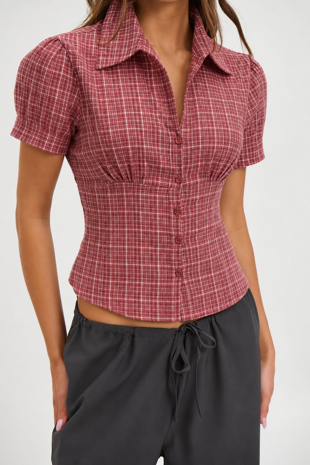 Cinched Checks Cap Sleeve Shirt