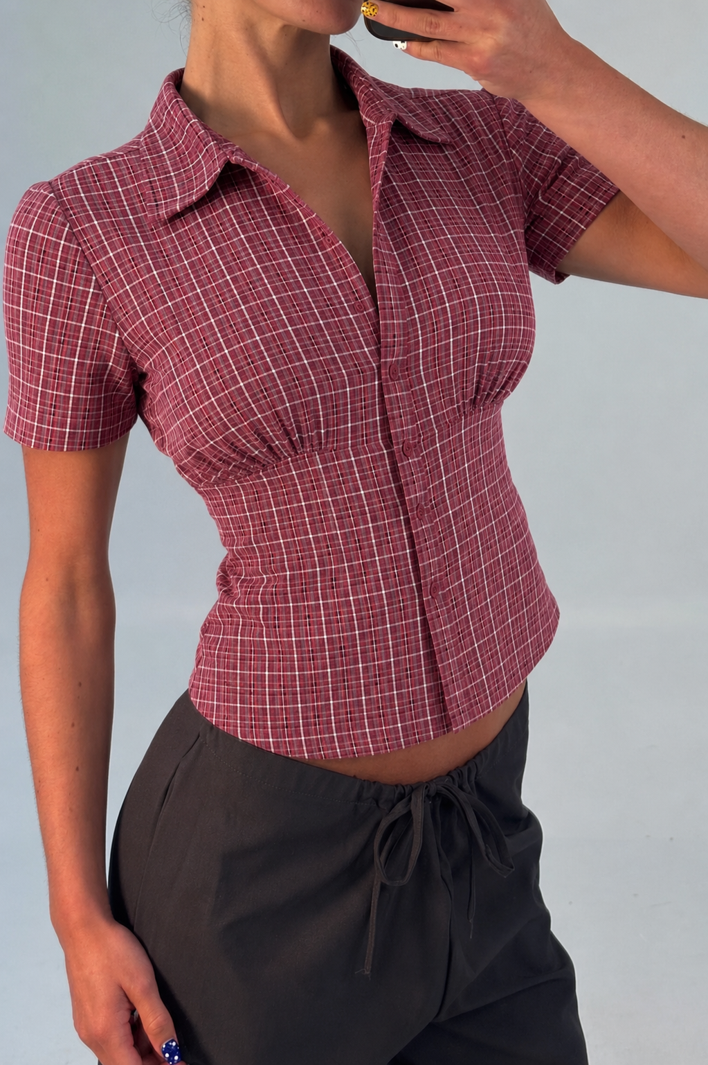 Cinched Checks Cap Sleeve Shirt