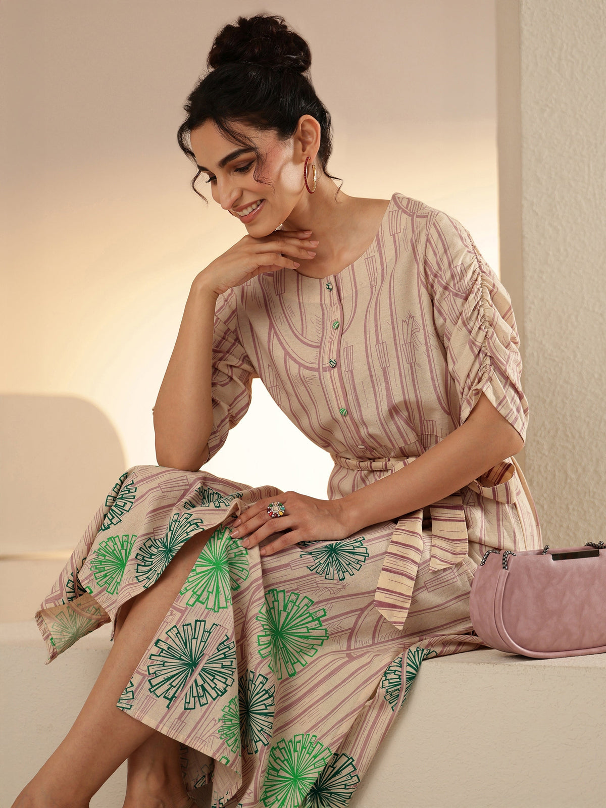 Libas Ivory Geometric Print Cotton Midi Dress