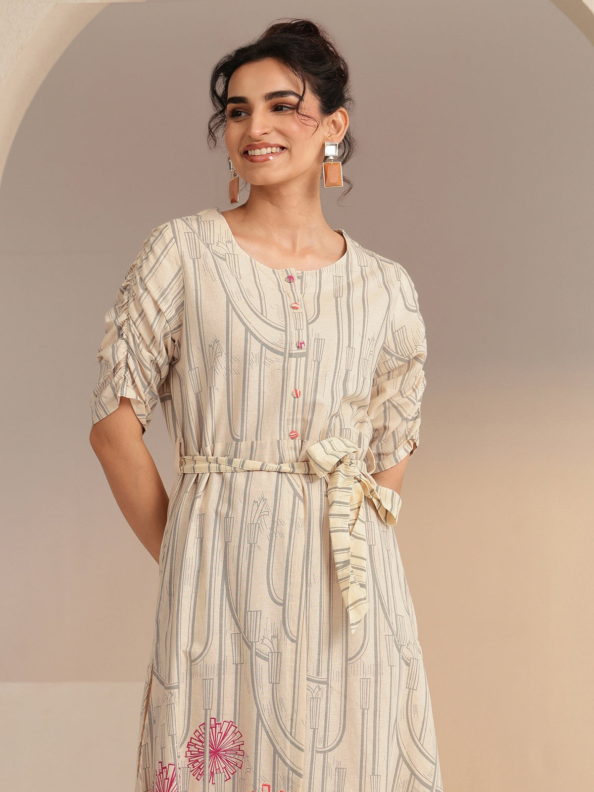 Libas Ivory Geometric Print Cotton Midi Dress