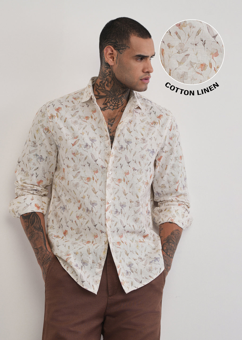 Ivory Botanical Print Cotton Linen Shirt