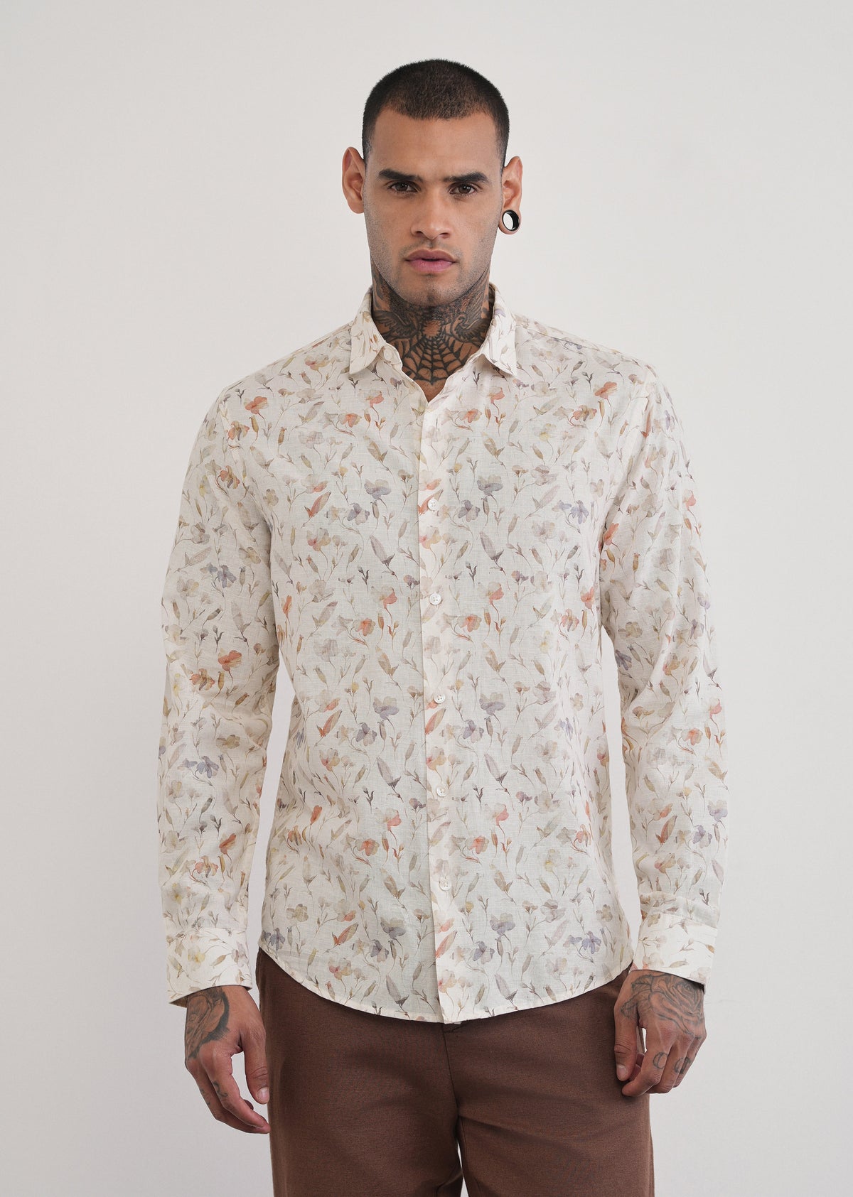 Ivory Botanical Print Cotton Linen Shirt