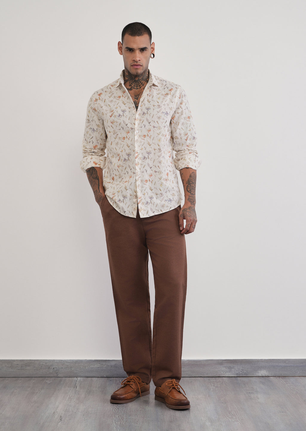 Ivory Botanical Print Cotton Linen Shirt
