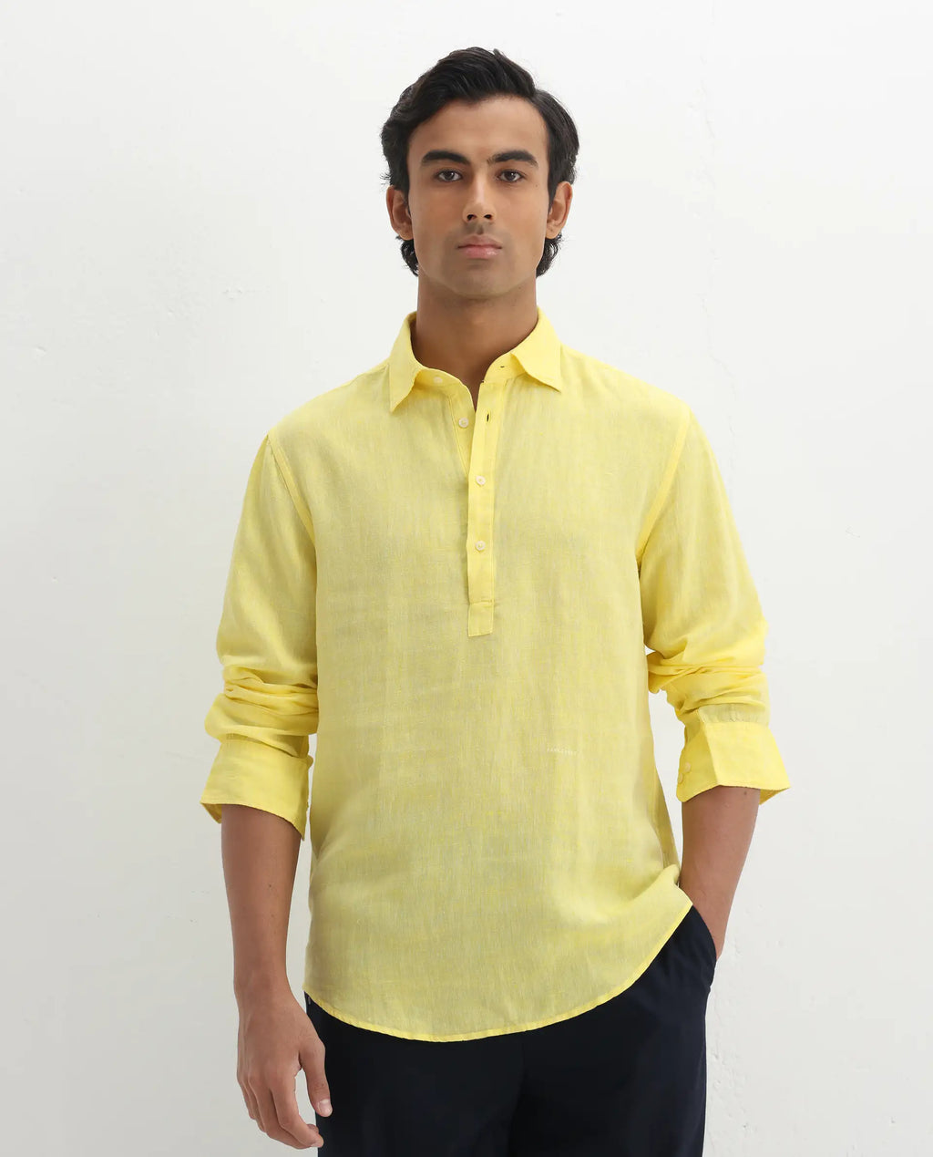 100% LINEN REGULAR FIT SHIRT KURTS - LIGHT YELLOW morris.lane