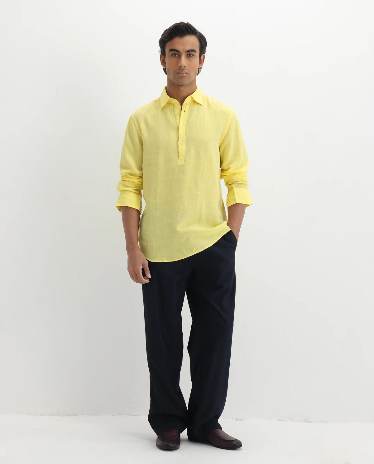 100% LINEN REGULAR FIT SHIRT KURTS - LIGHT YELLOW morris.lane