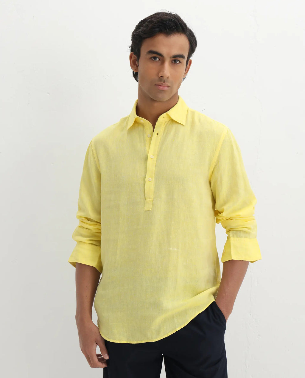 100% LINEN REGULAR FIT SHIRT KURTS - LIGHT YELLOW morris.lane