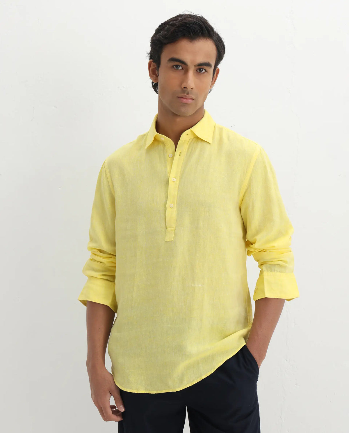 100% LINEN REGULAR FIT SHIRT KURTS - LIGHT YELLOW morris.lane