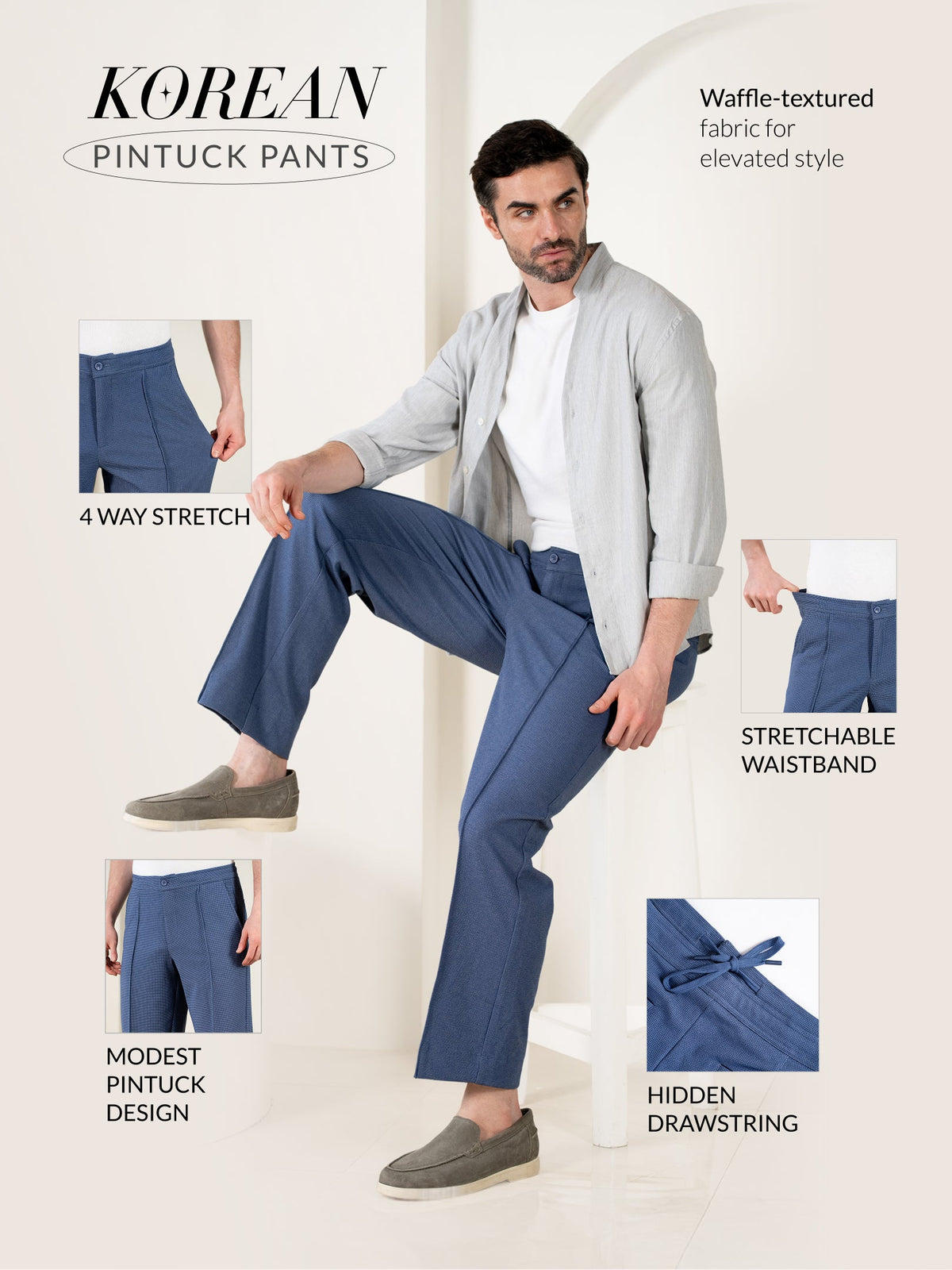 Kai Blue Relaxed Fit Power Stretch Korean Pintuck Pants