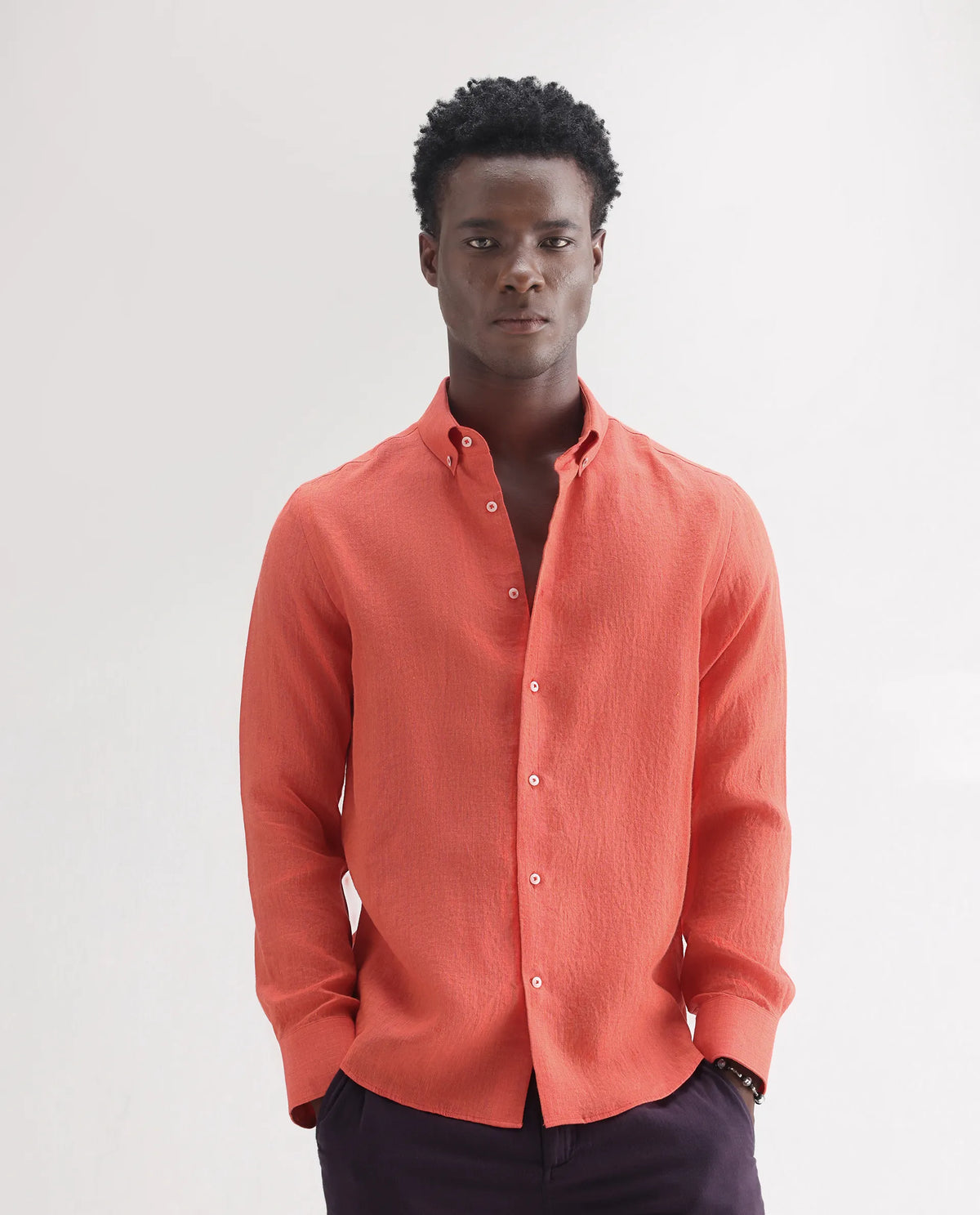 100% LINEN REGULAR FIT PLAIN SHIRT LUCIS - ORANGE morris.lane