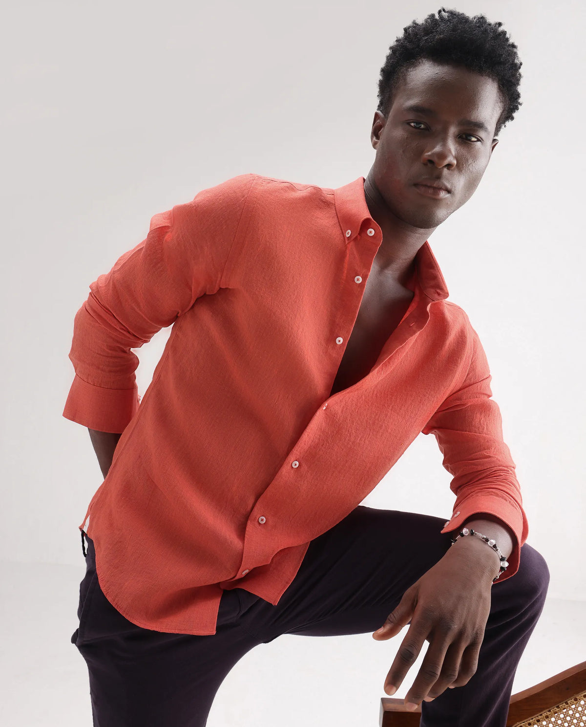 100% LINEN REGULAR FIT PLAIN SHIRT LUCIS - ORANGE morris.lane