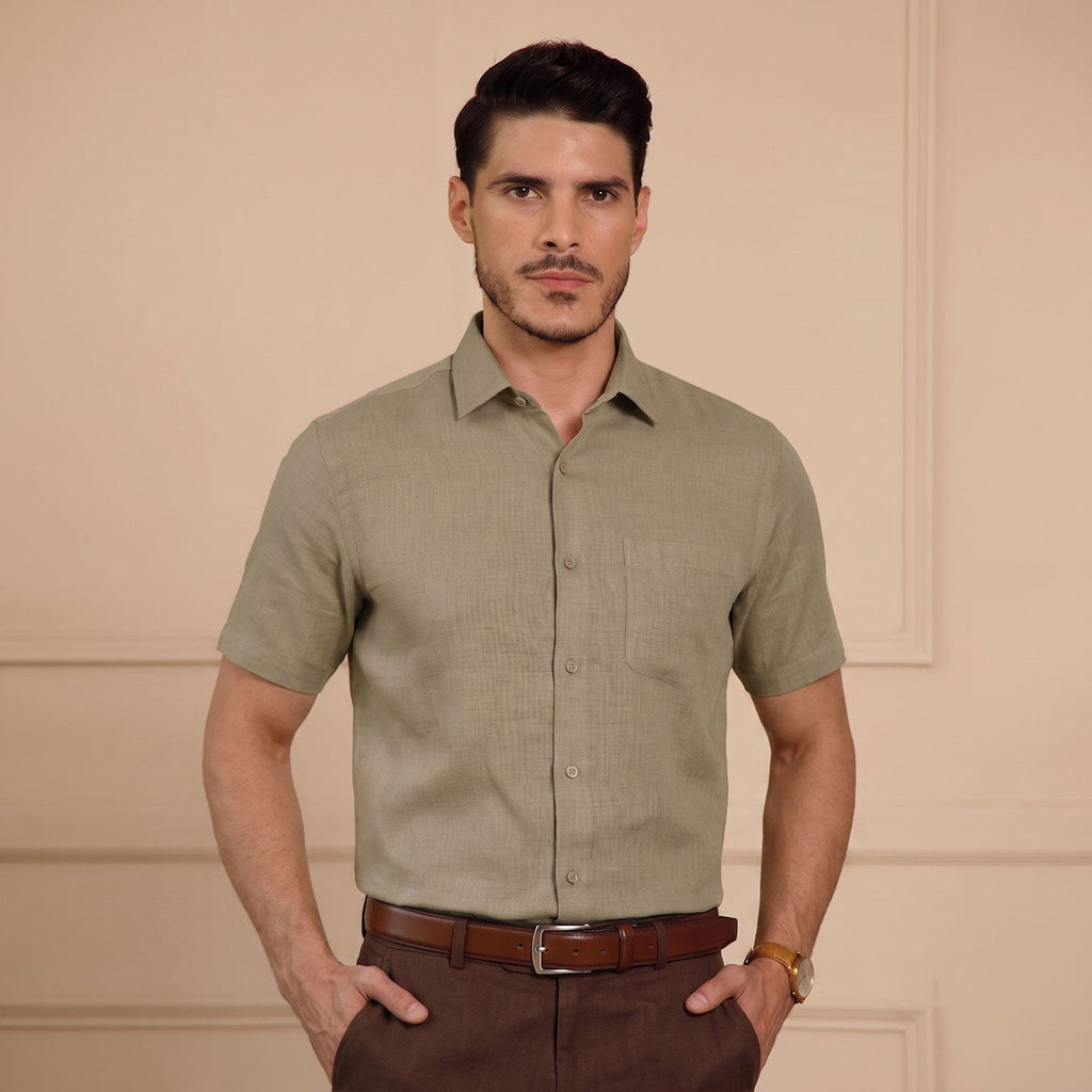 Cedar Pure Linen Half Sleeves Shirt In Latte