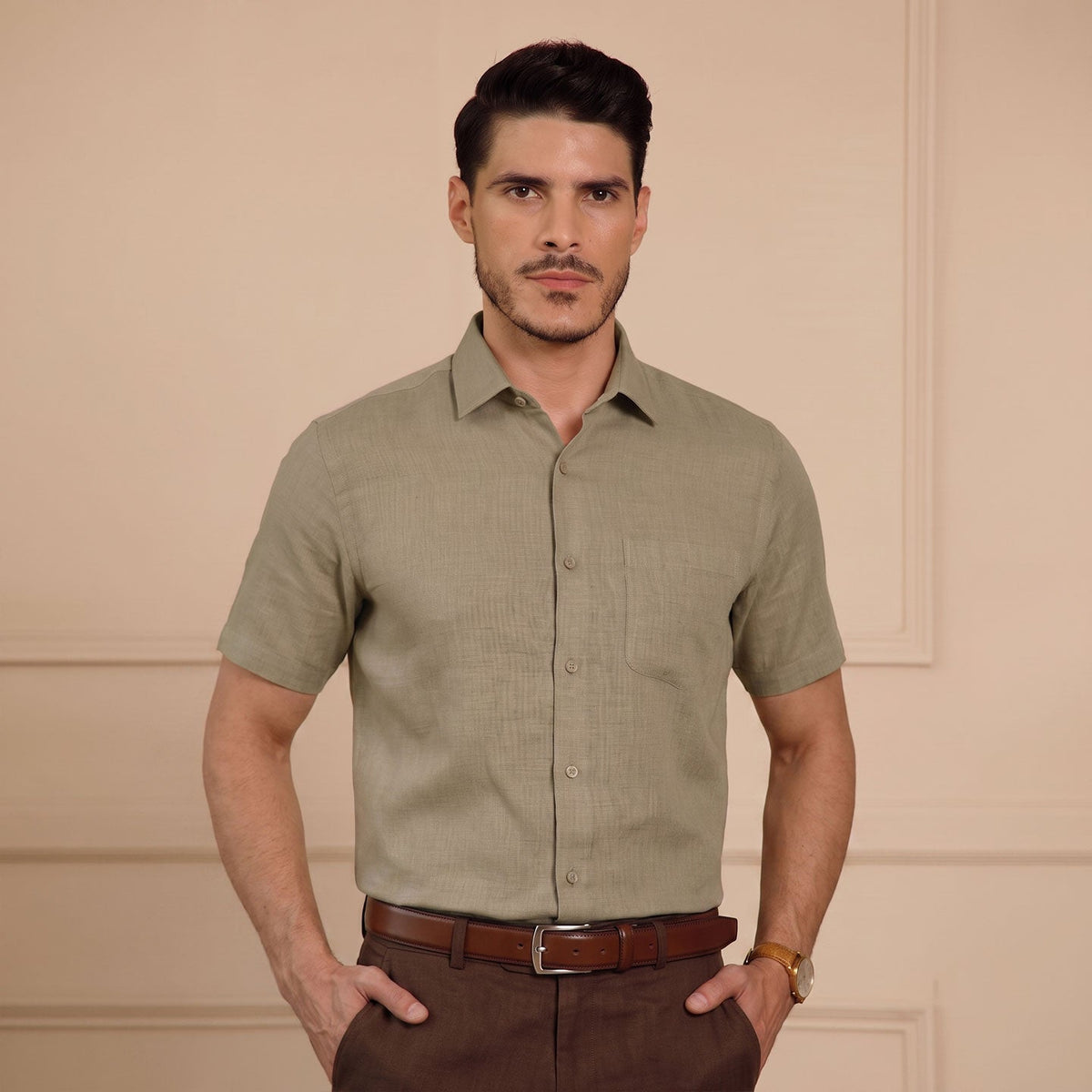 Cedar Pure Linen Half Sleeves Shirt In Latte