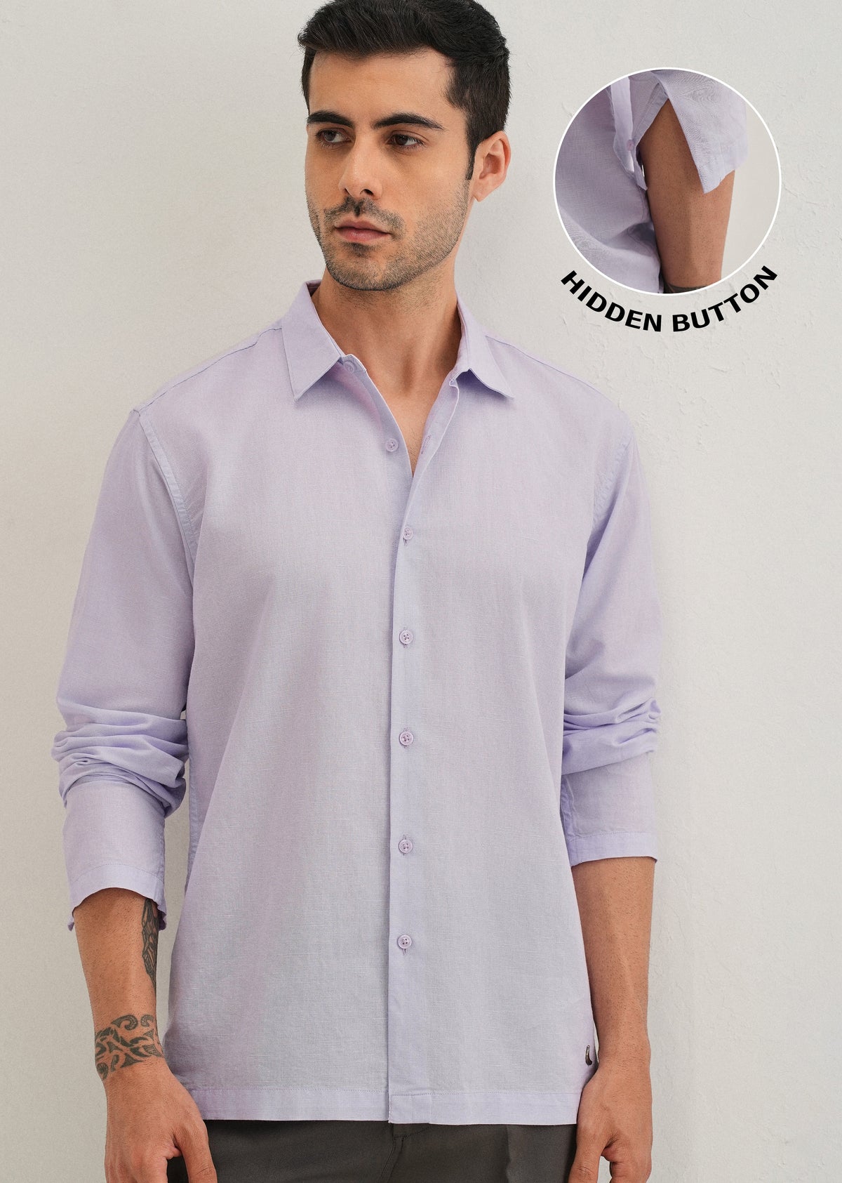 Lavender Hidden Sleeve Placket Cotton Linen Shirt