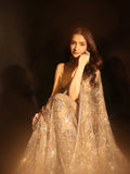 Libas Art Taupe Grey Sequinned Rosette Design Net Saree