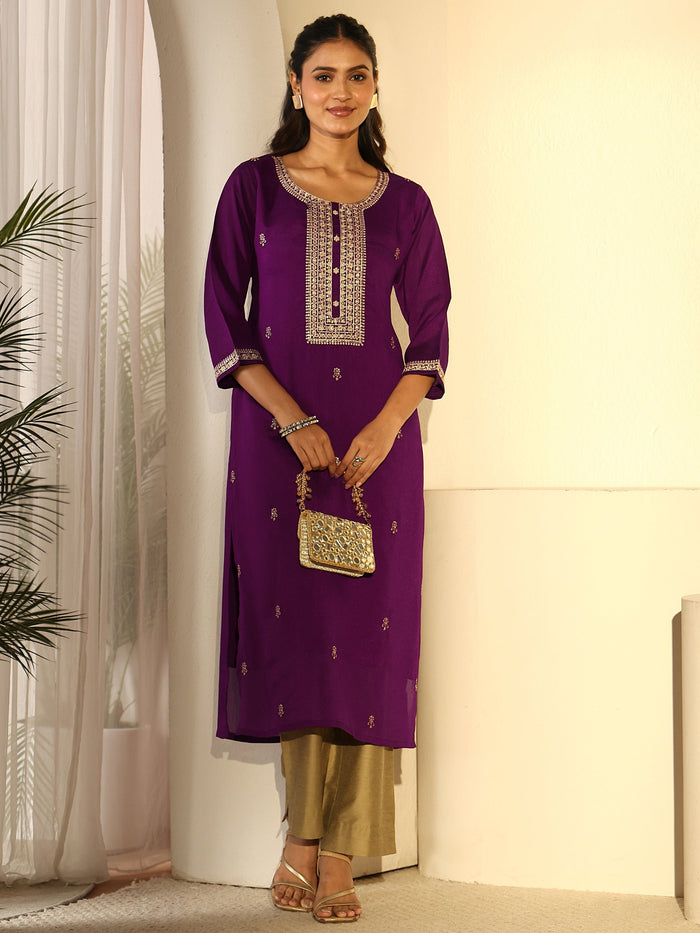 Libas Aubergine Purple Floral Embroidered Silk Blend Straight Kurta