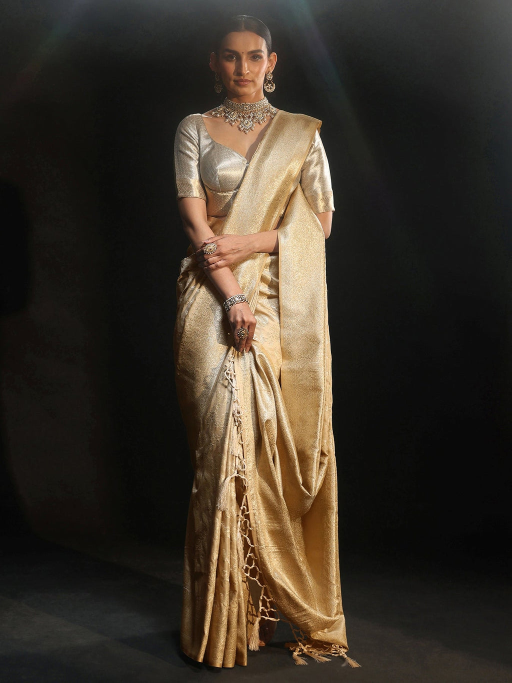 Libas Cream Banarasi Silk Blend Saree S45