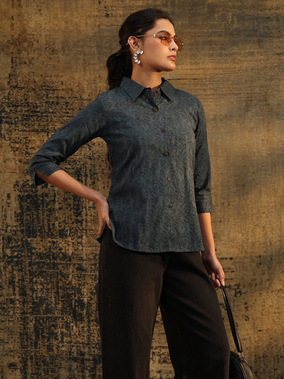 Libas Dark Grey Floral Textured Cotton Shirt K60