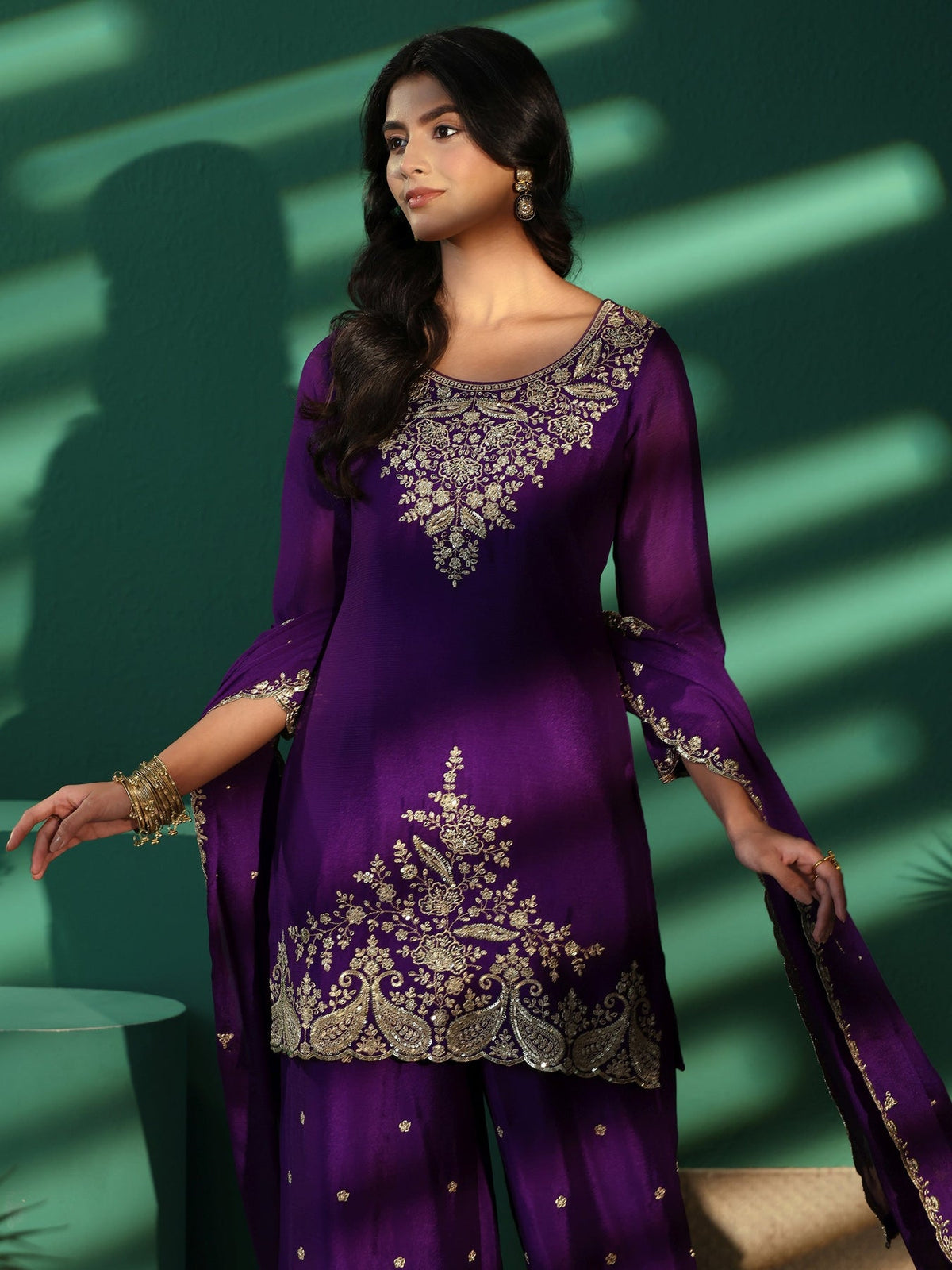 Libas Imperial Purple Paisley Embellished Chinon Palazzo Suit Set KS67