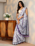 Libas White Geometric Block Print Cotton Blend Saree