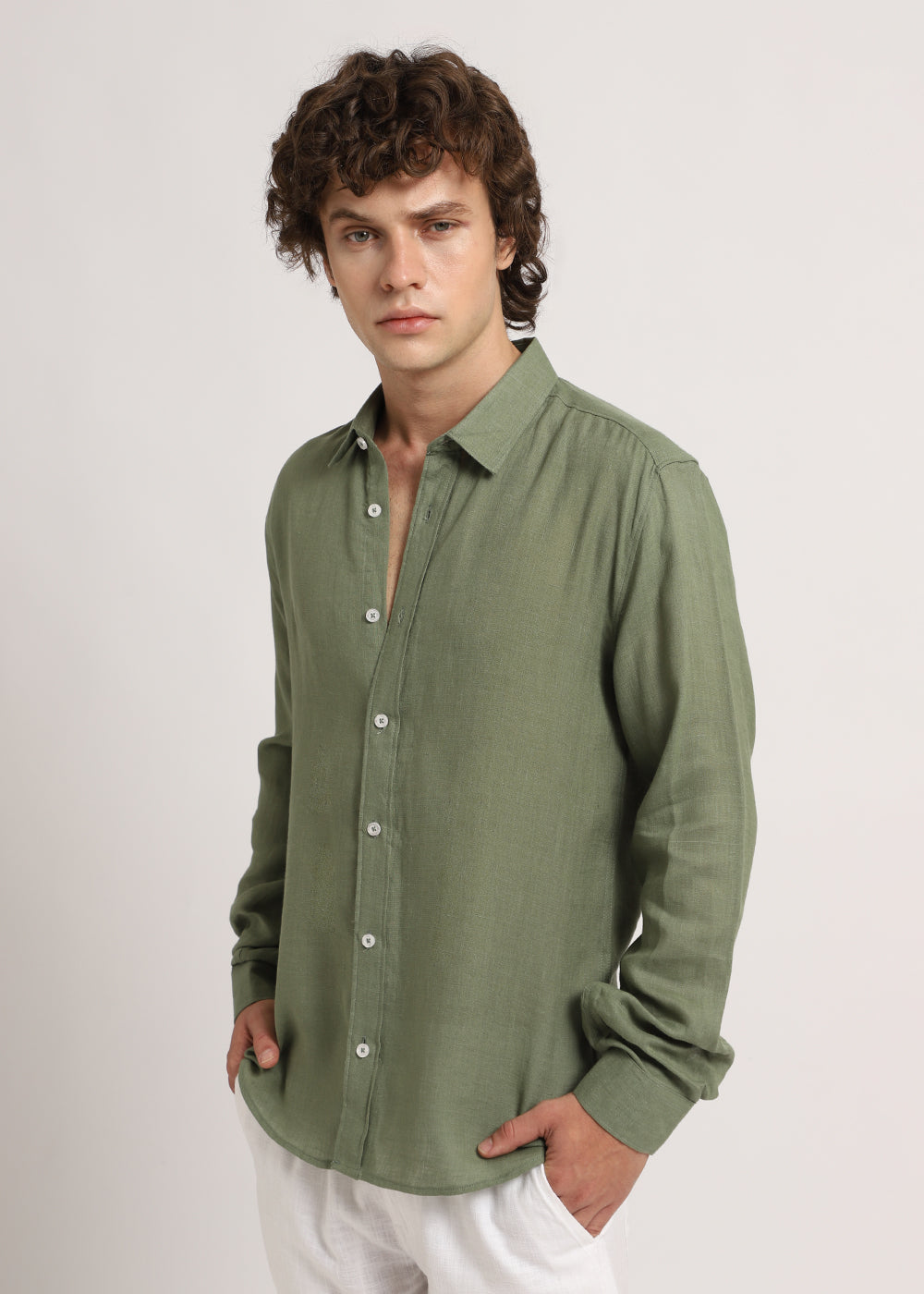 100% Pure Lichen Green Linen Shirt