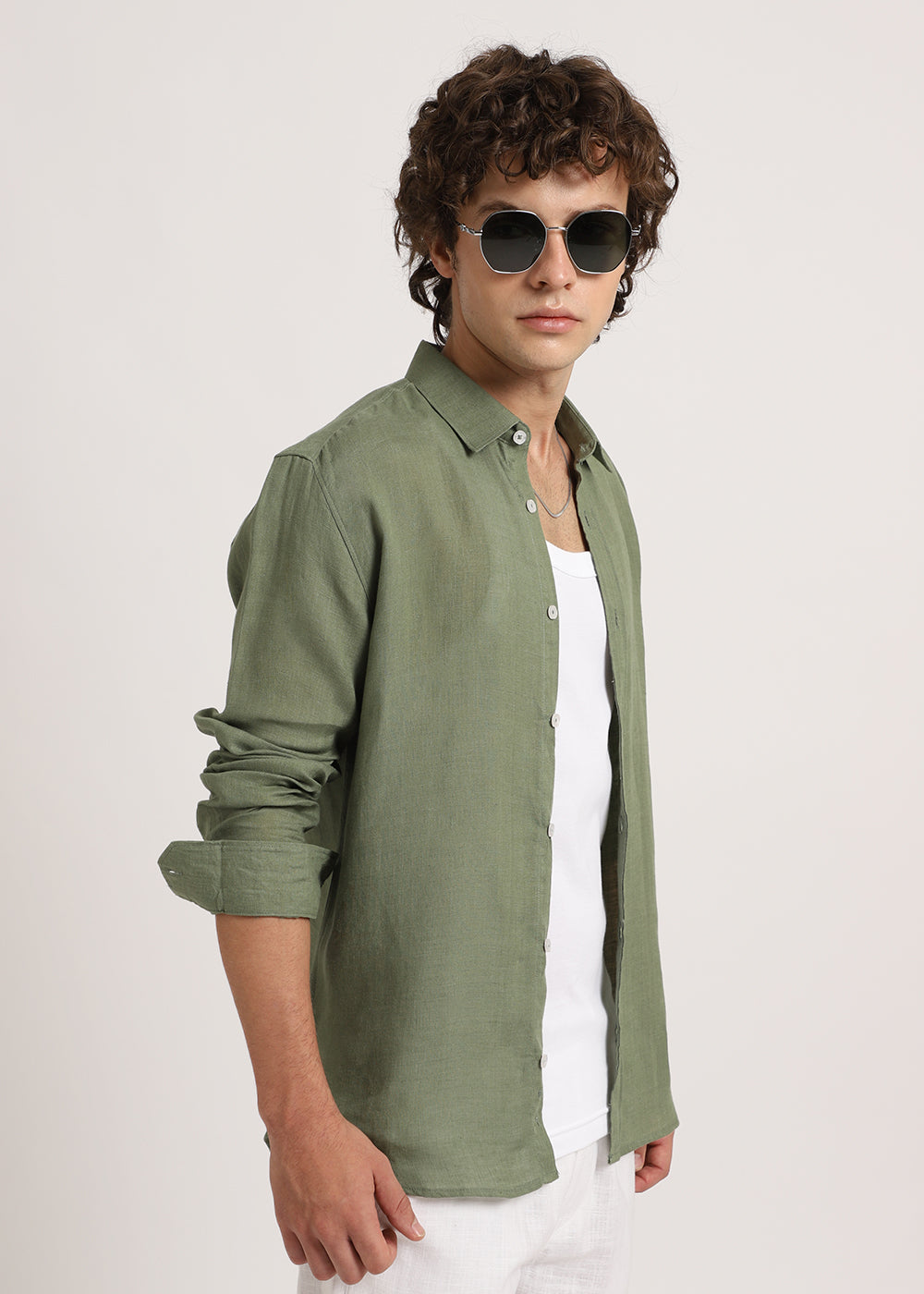 100% Pure Lichen Green Linen Shirt