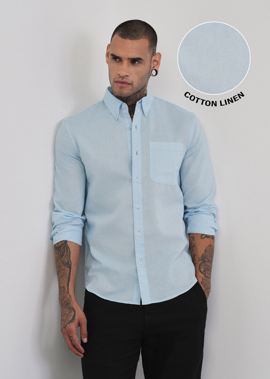 Light Blue Cotton Linen Plain Shirt