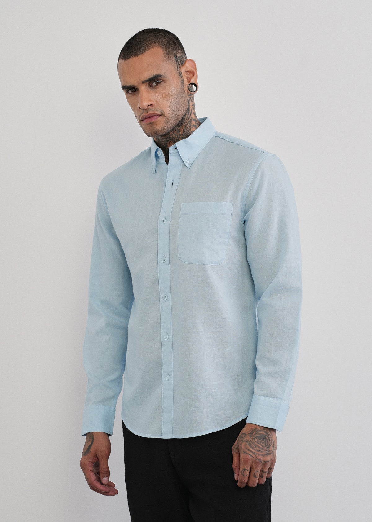 Light Blue Cotton Linen Plain Shirt
