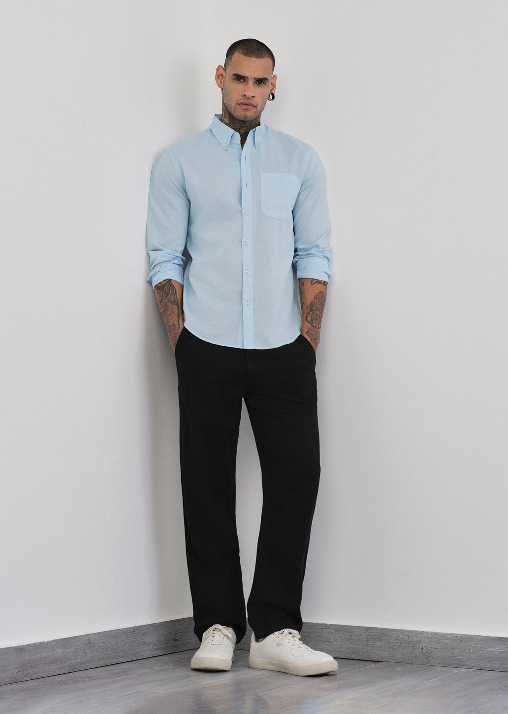 Light Blue Cotton Linen Plain Shirt